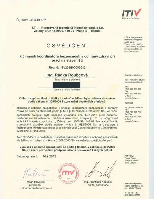 Osvědčení k činnosti koordinátora bezpečnosti a ochrany zdraví při práci na staveništi